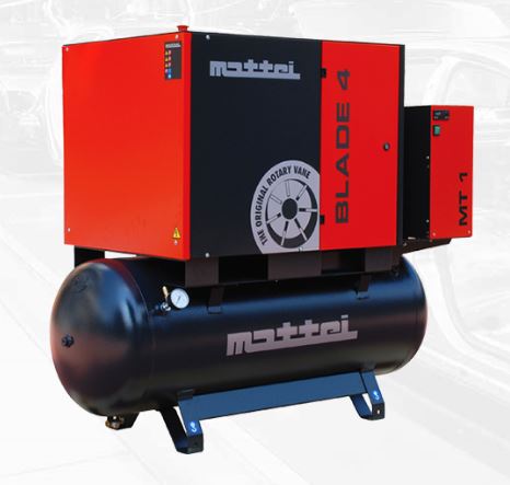 Mattei Blade4 SE 5 HP rotary vane compressor with integrated refrigerated dryer mounted on an 80 gallon tank