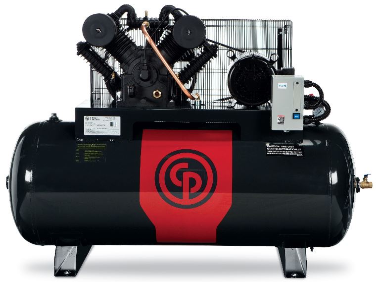 chicago pneumatic RCP-C10123HS 10 HP two stage reciprocating air compressor mounted on a 120 gallon horizontal receiver tank