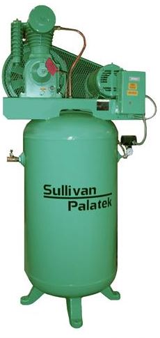 Sullivan Palatek SPVT-735-80 5HP compressor mounted on an 80 gallon vertical tank. Made in USA